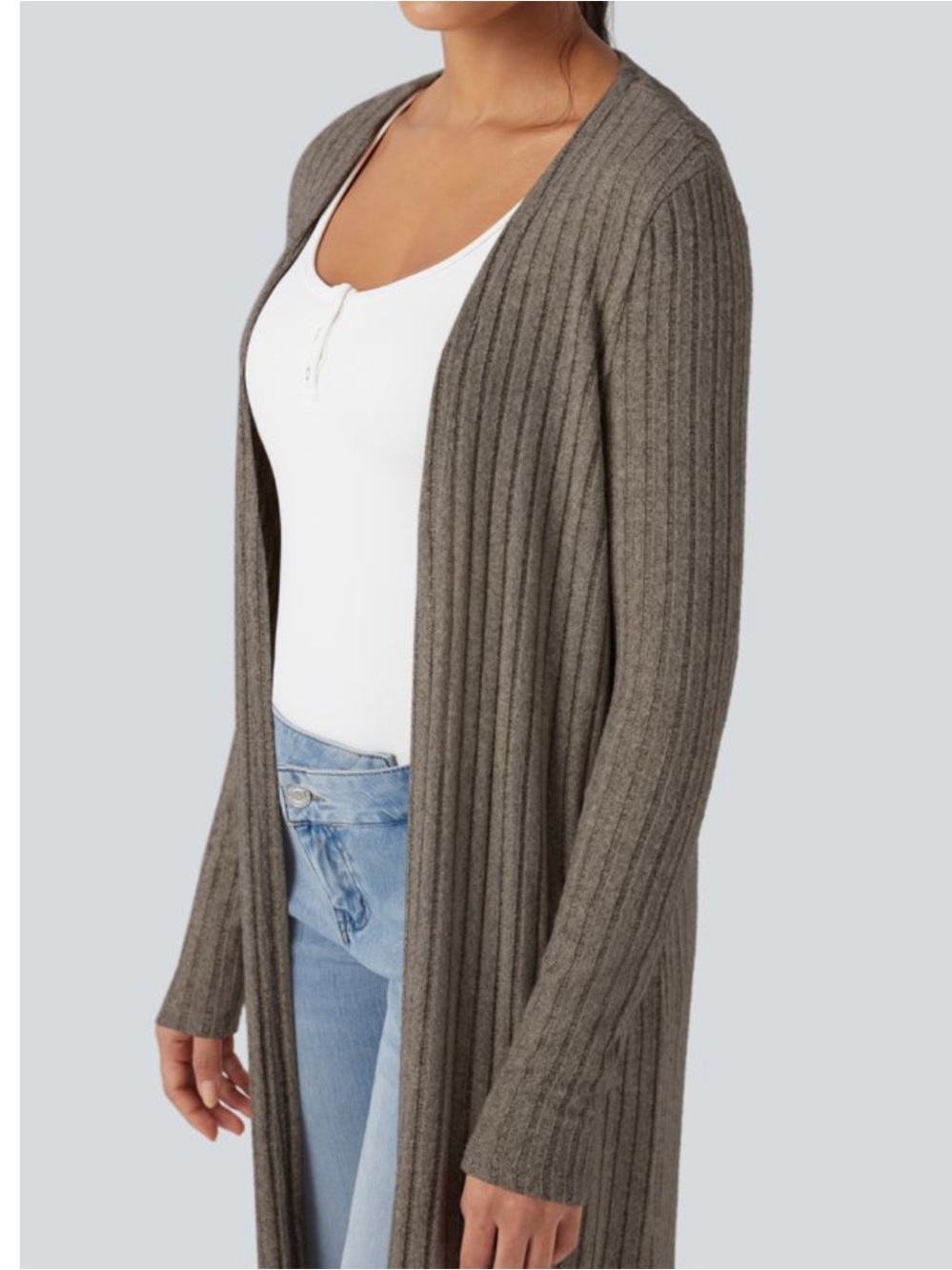 Halara Long Soft Ribbed Cardigan- Soft Brown - Picture 3 of 5